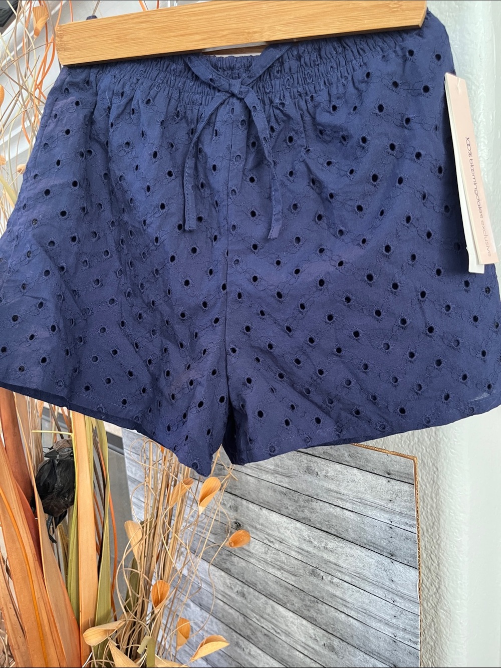Aqua Navy Eyelet Smocked-Waist Shorts